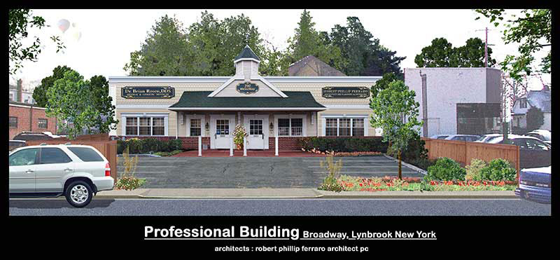 The image is a digital rendering or architectural visualization of a building, likely a professional building such as an office or commercial space, with a prominent white facade and a green roof. It features a single-story structure with a flat roof, a small front porch, a large central entrance, and a sign that reads  PROFESSIONAL BUILDING.  The rendering is placed within a website design template, which includes a navigation bar at the top with links to different sections of the site, such as Home, About Us, Services, and Contact.