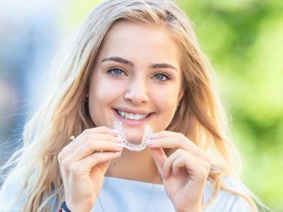 Smiling woman with clear braces, holding a toothbrush.