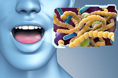 An image featuring a 3D rendering of a human mouth with a focus on oral health, accompanied by an educational graphic showcasing bacteria and viruses against a blue background.