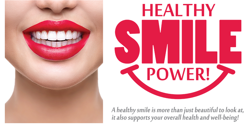 The image is a promotional graphic with text and an illustration of a woman s face. The woman has red lipstick, and the background is white. The text includes phrases like  HEALTHY SMILE,   SMILE POWER,  and  BEAUTY   WELLNESS.